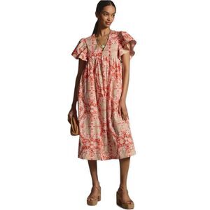 Anthropologie Maeve Geometric Short Flutter-Sleeve Babydoll Dress Pink Large NWT